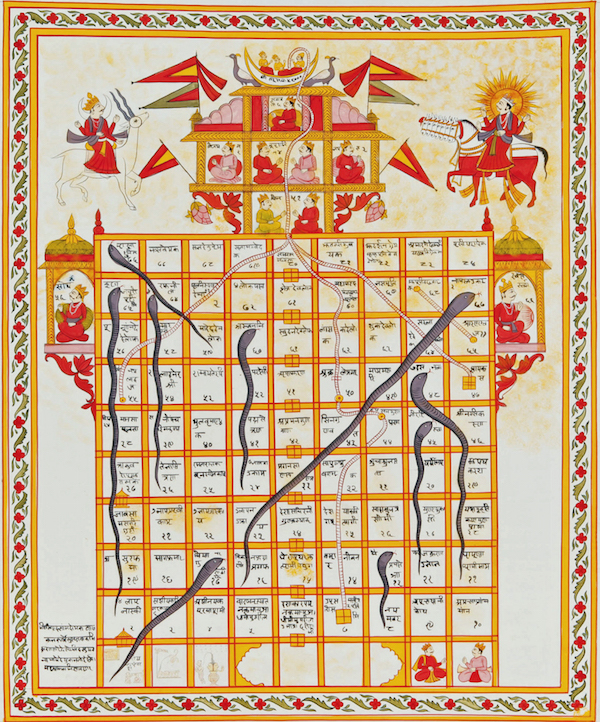 Game of Snakes and Ladders, gouache on cloth (India, 19th century)